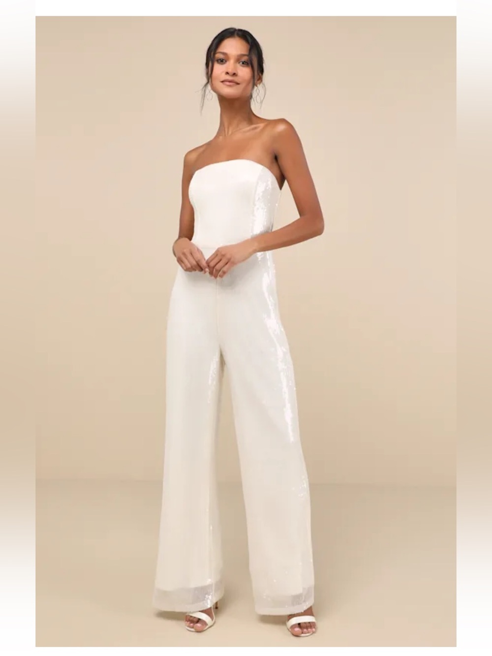 Lulu’s Cherelle Cream Sequin Strapless Jumpsuit